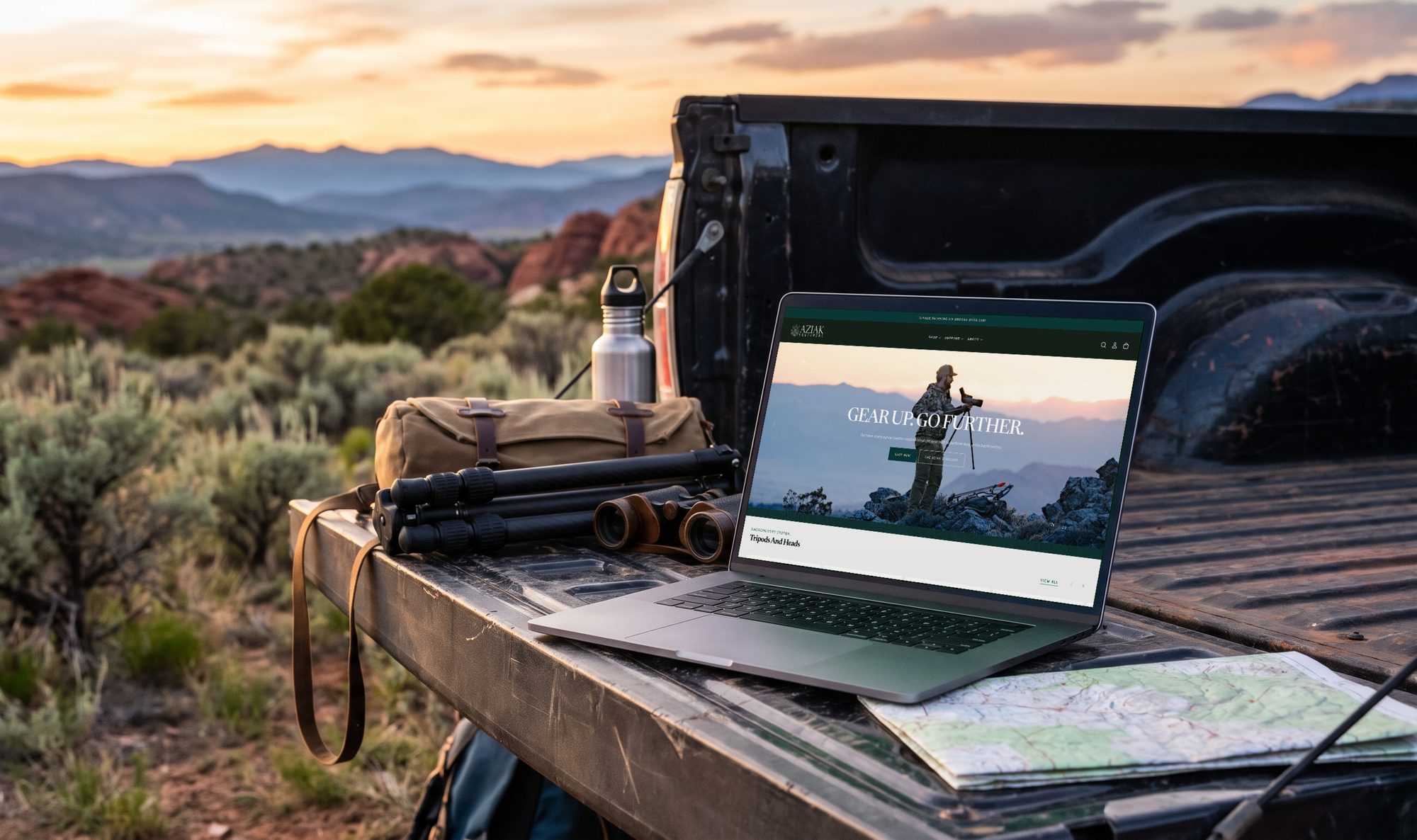 The Aziak Equipment homepage on a laptop resting on a pickup tailgate at sunset in the mountains