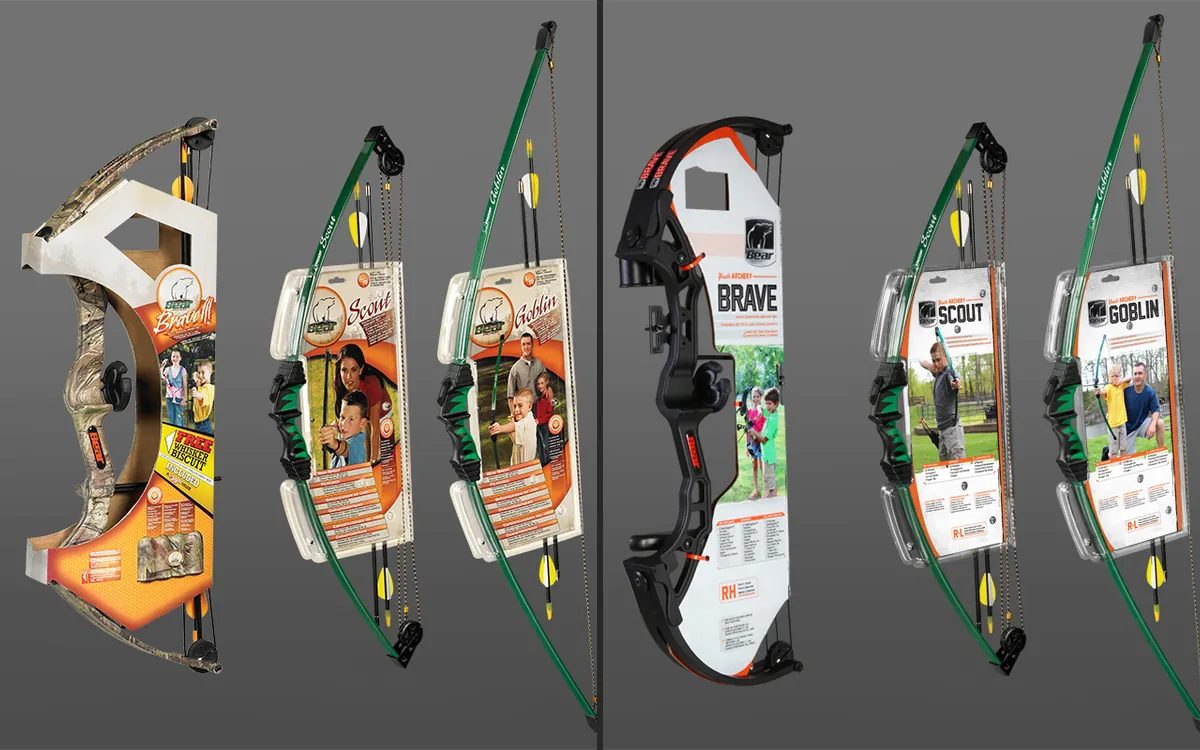 Bear Archery youth bow packaging before the redesign (left) and after (right)
