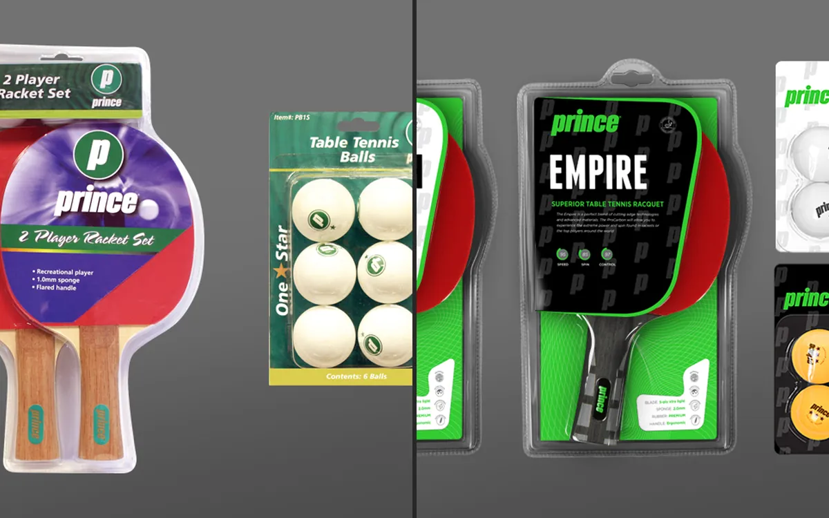 Prince table tennis packaging before the redesign (left) and after (right)